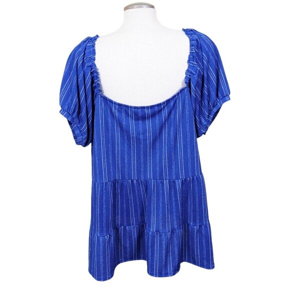 My Style Tiered Blouse Peasant Top Womens Plus Size 1X Blue Striped Puff Sleeeve - Picture 3 of 6
